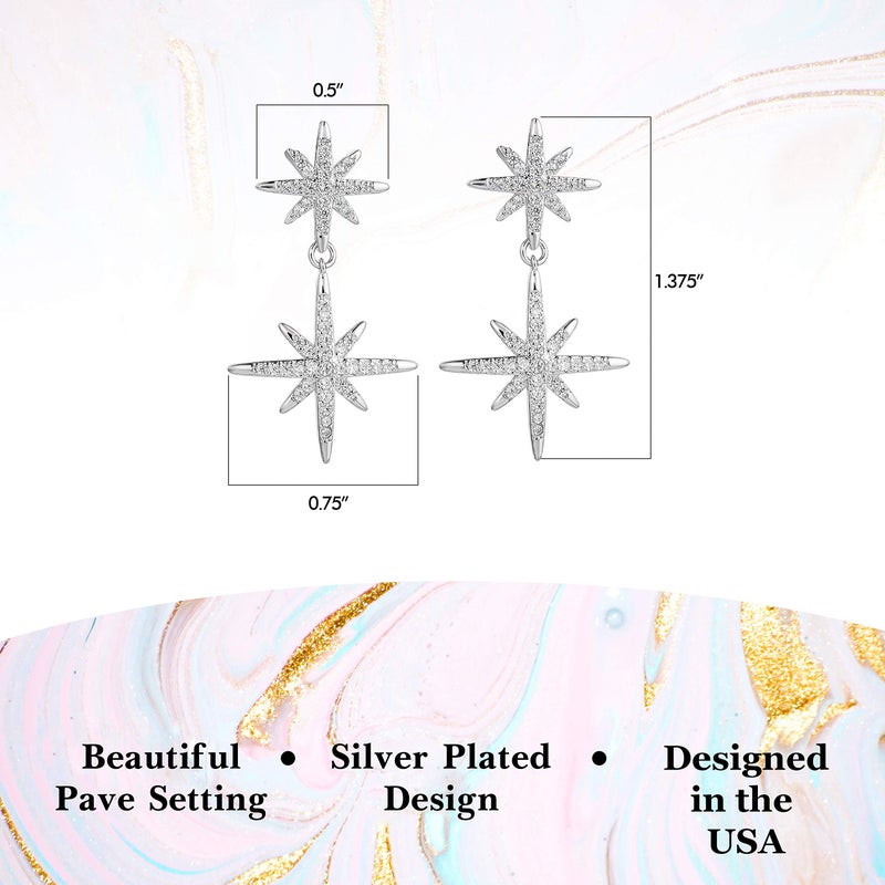 NTLX Silver Statement Earrings â€“ Star Earrings â€“ Unique Double Starburst Drop Design â€“ featuring Pave set Cubic Zirconia (CZ) -Designed in USA â€“ Great Gift (Silver) - Image 5